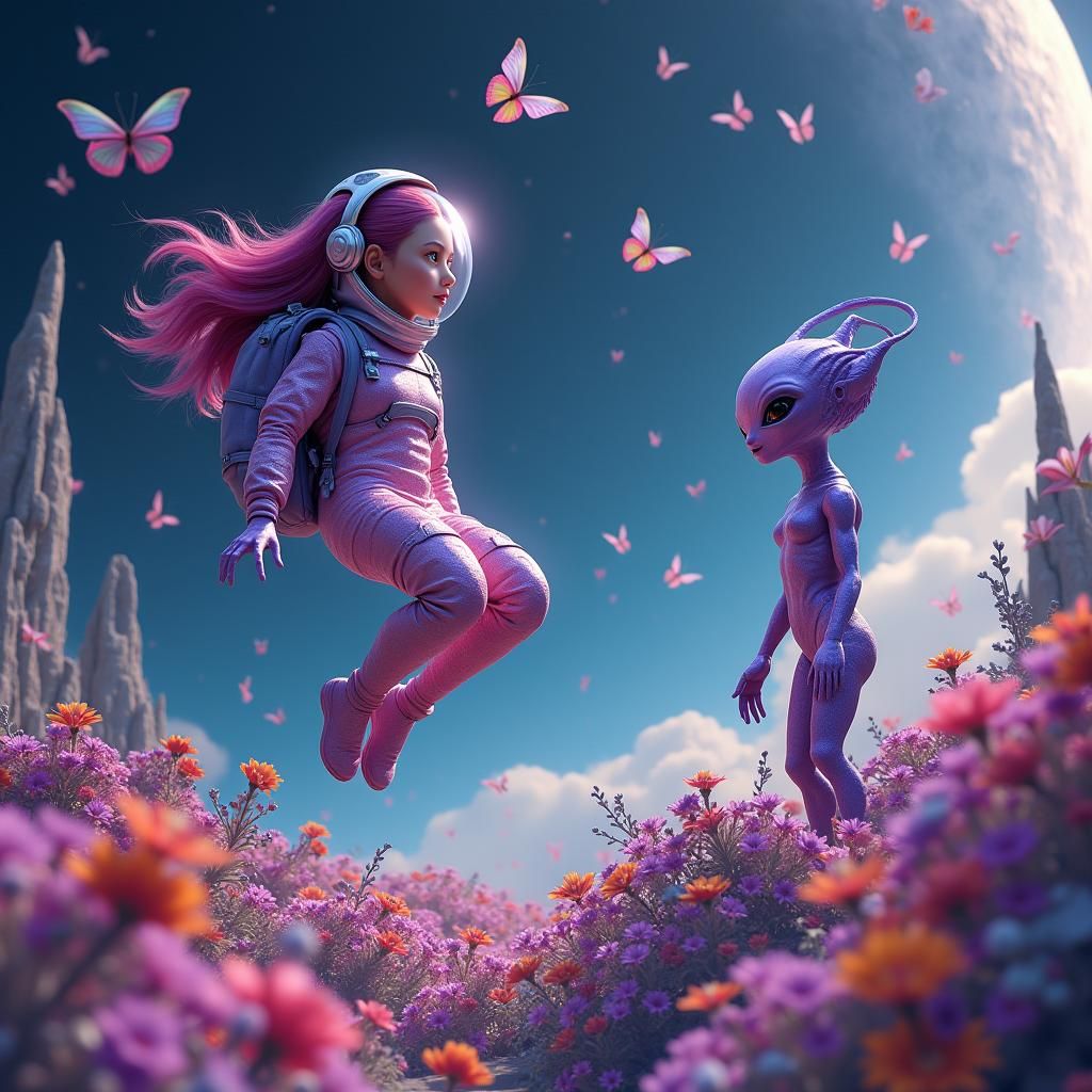 Woman and Alien on the Moon in Space