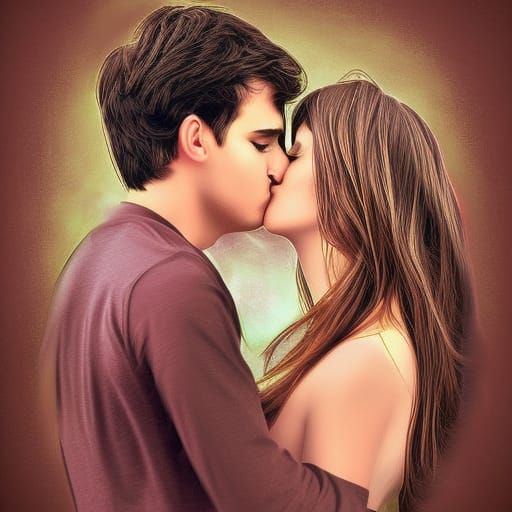 Beautiful Couple Kissing in Digital Art Painting