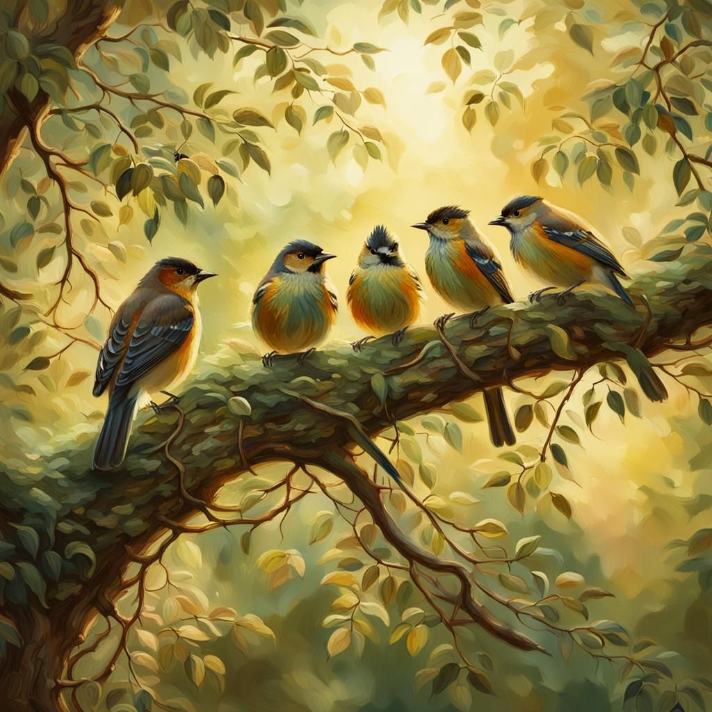 Bird Family in Warm, Lush Forest Landscape