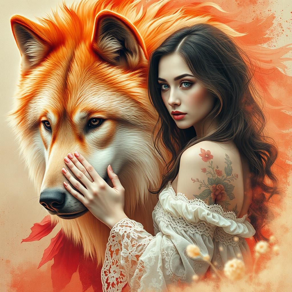 Woman and Wolf in Crimson Hues, Charcoal Drawing