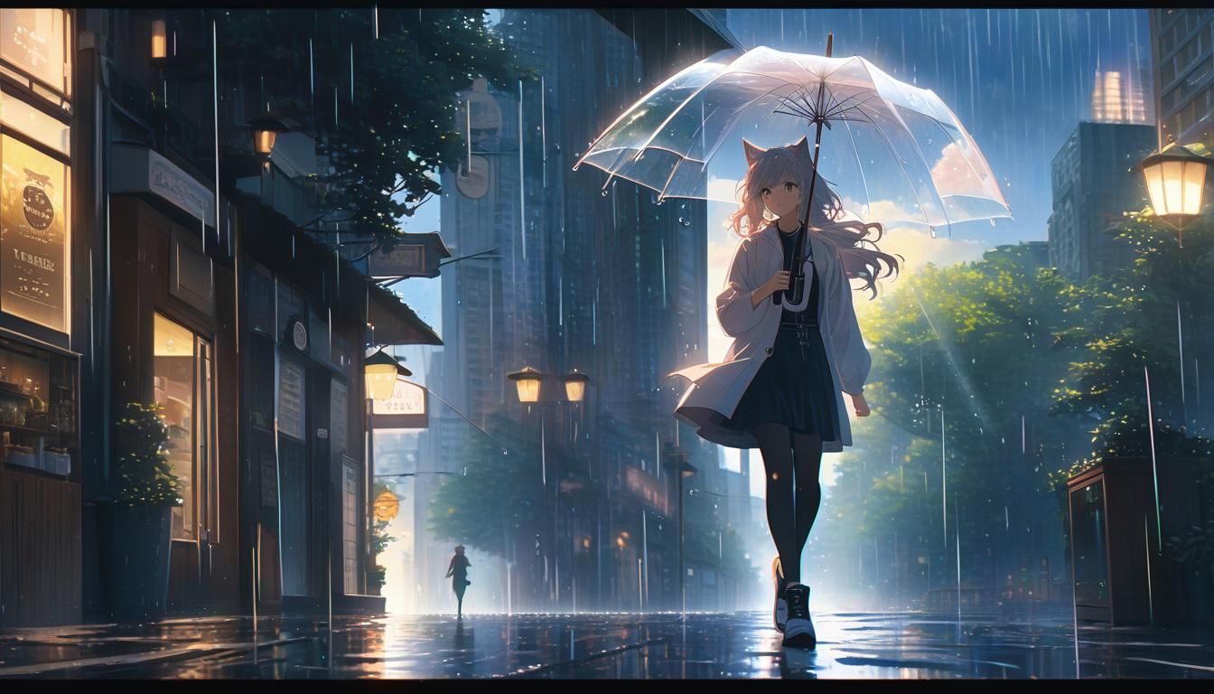 Catgirl Running from Rain in a Sunny Coffee Shop