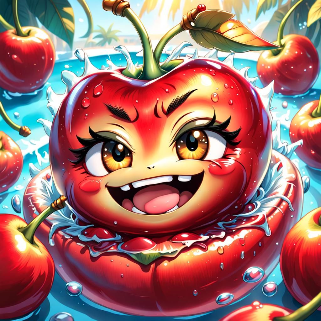 Cherry Chibi lounging in a pool inflatable