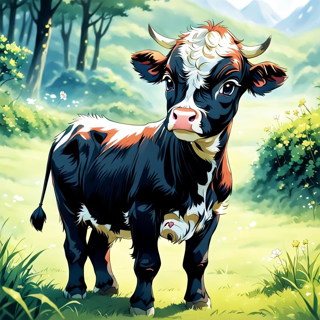 Adorable Calf in Anime Key Visual Style