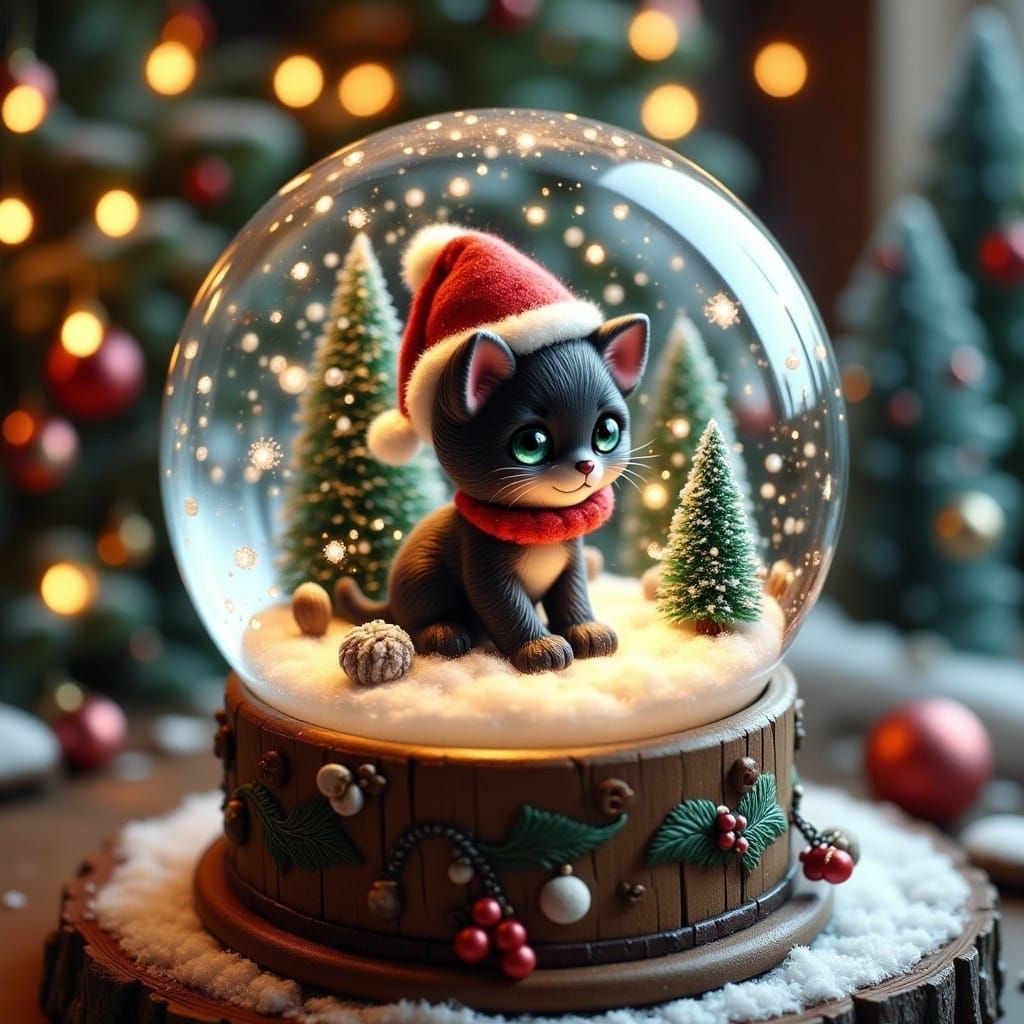 Black Kitten Forest Snow Globe