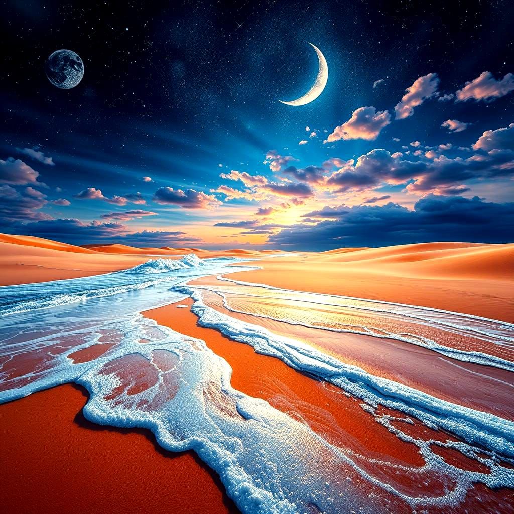 Surreal Desert Landscape with Starry Night Sky