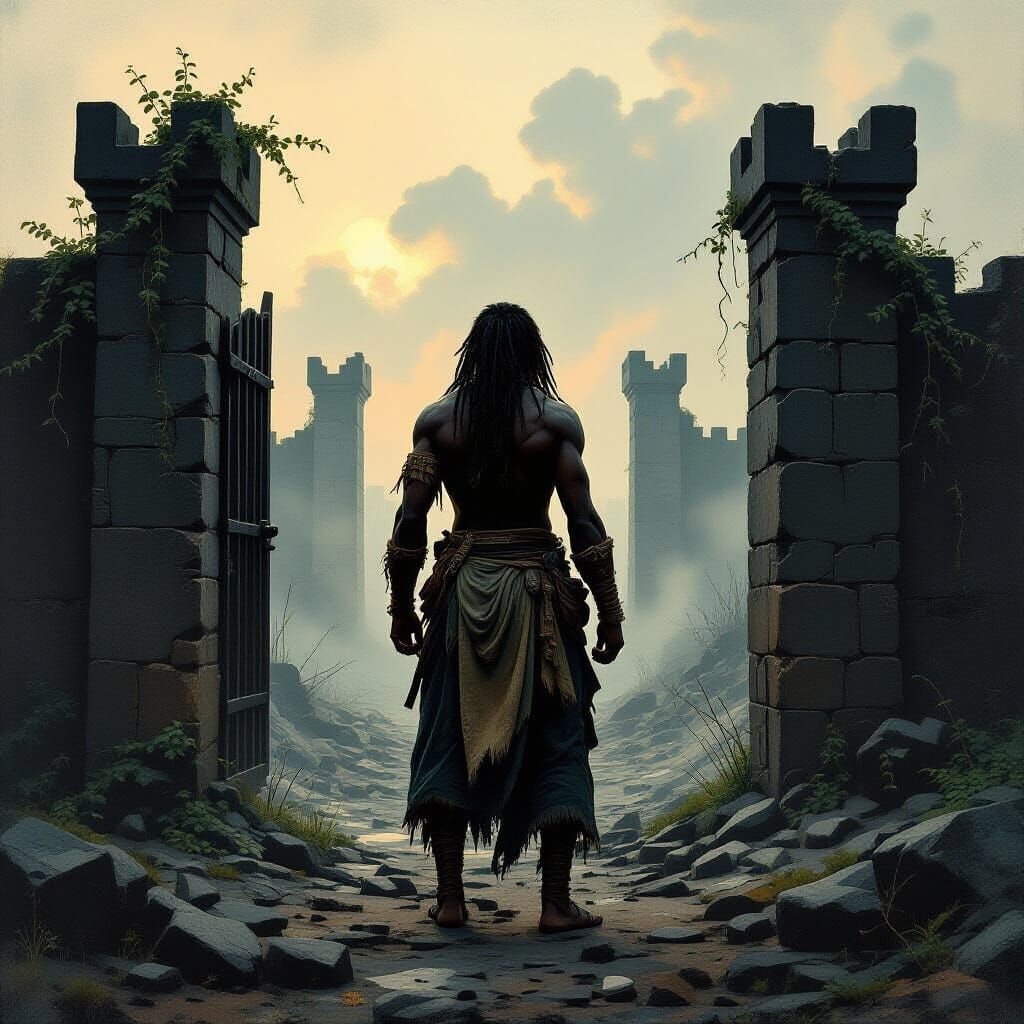 African Warrior in Ruined Fortress, Mystical Landscape