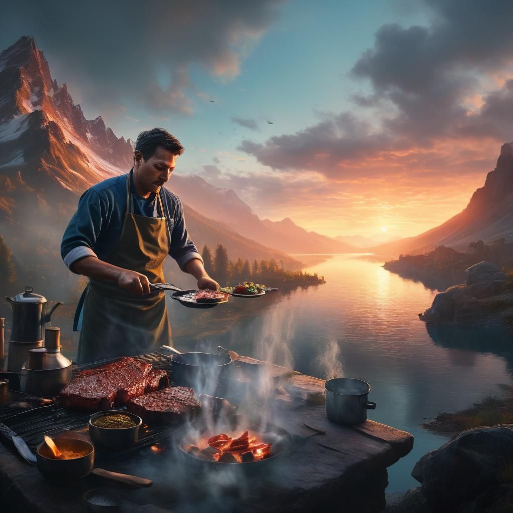 Chef Cooking Steak in Mountainous Landscape