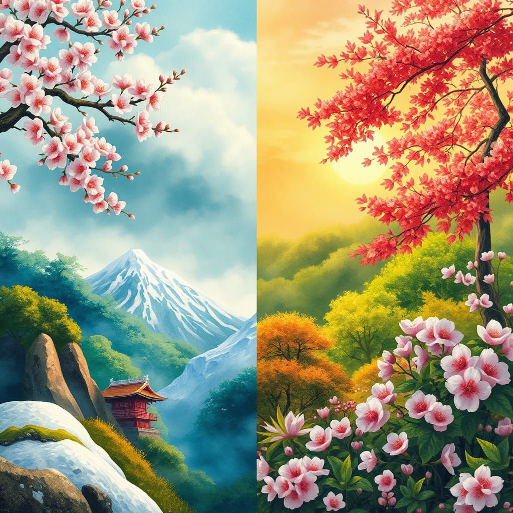 Japanese Seasons in Whimsical Watercolor Style