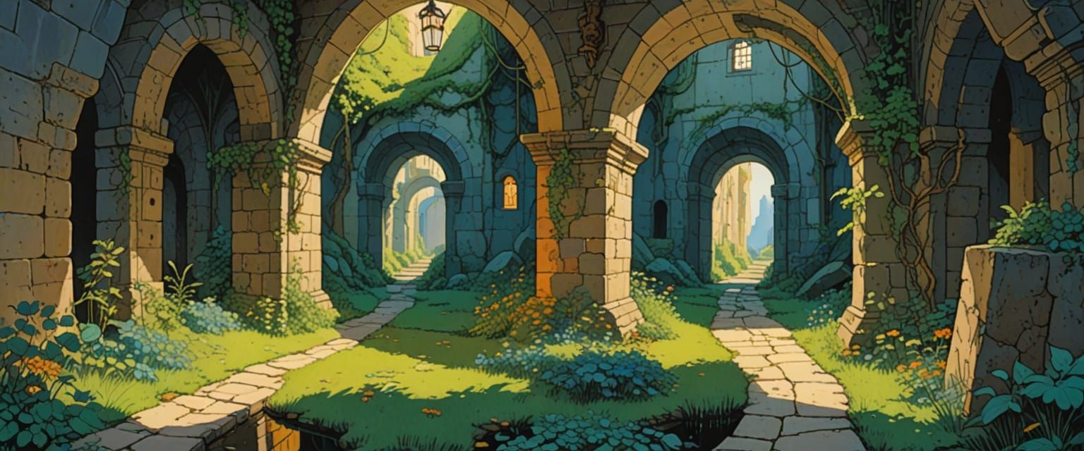 Mysterious Dungeon Passageway with Mirrors in Comic Style