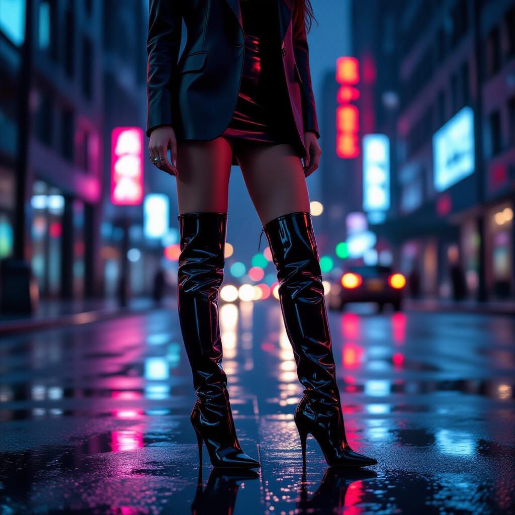 Cyberpunk Woman in Thigh-High Boots on Wet Pavement