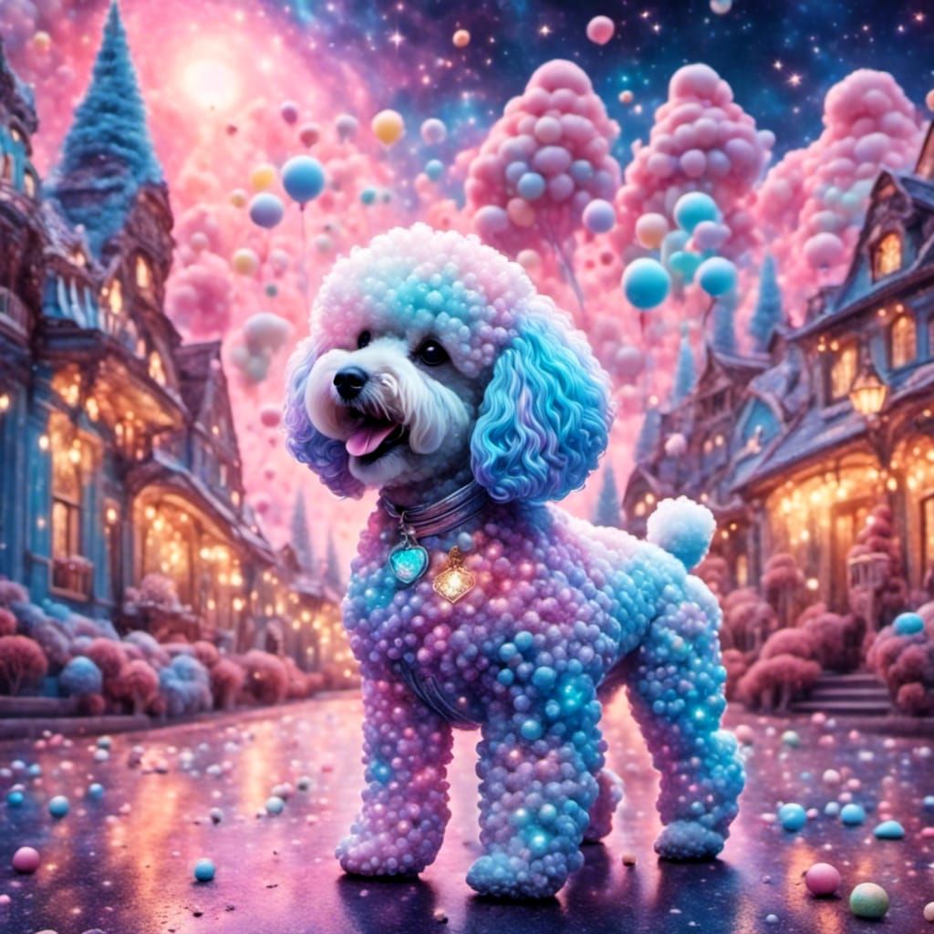 Poodles Play in Candy Land Street in Pastel Colors