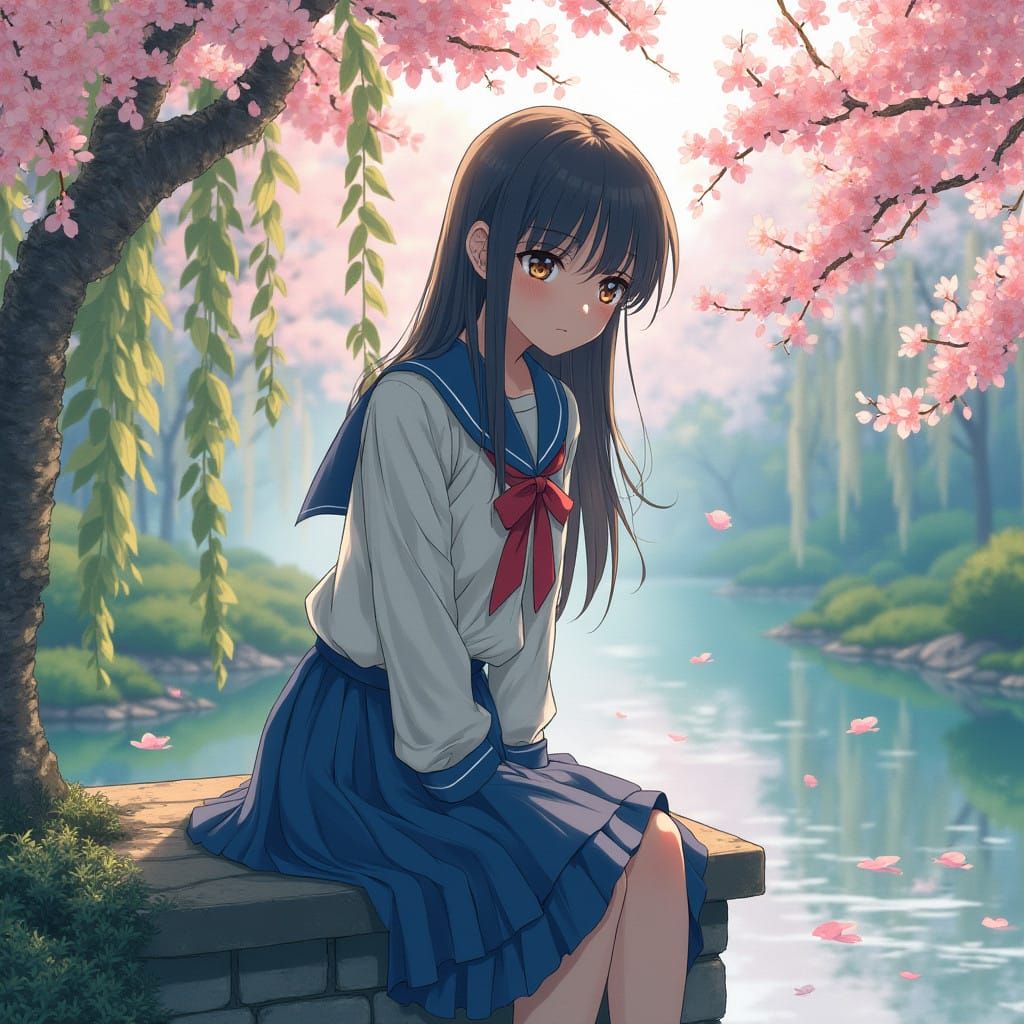 A Melancholic Anime Girl in a Serene Japanese Garden