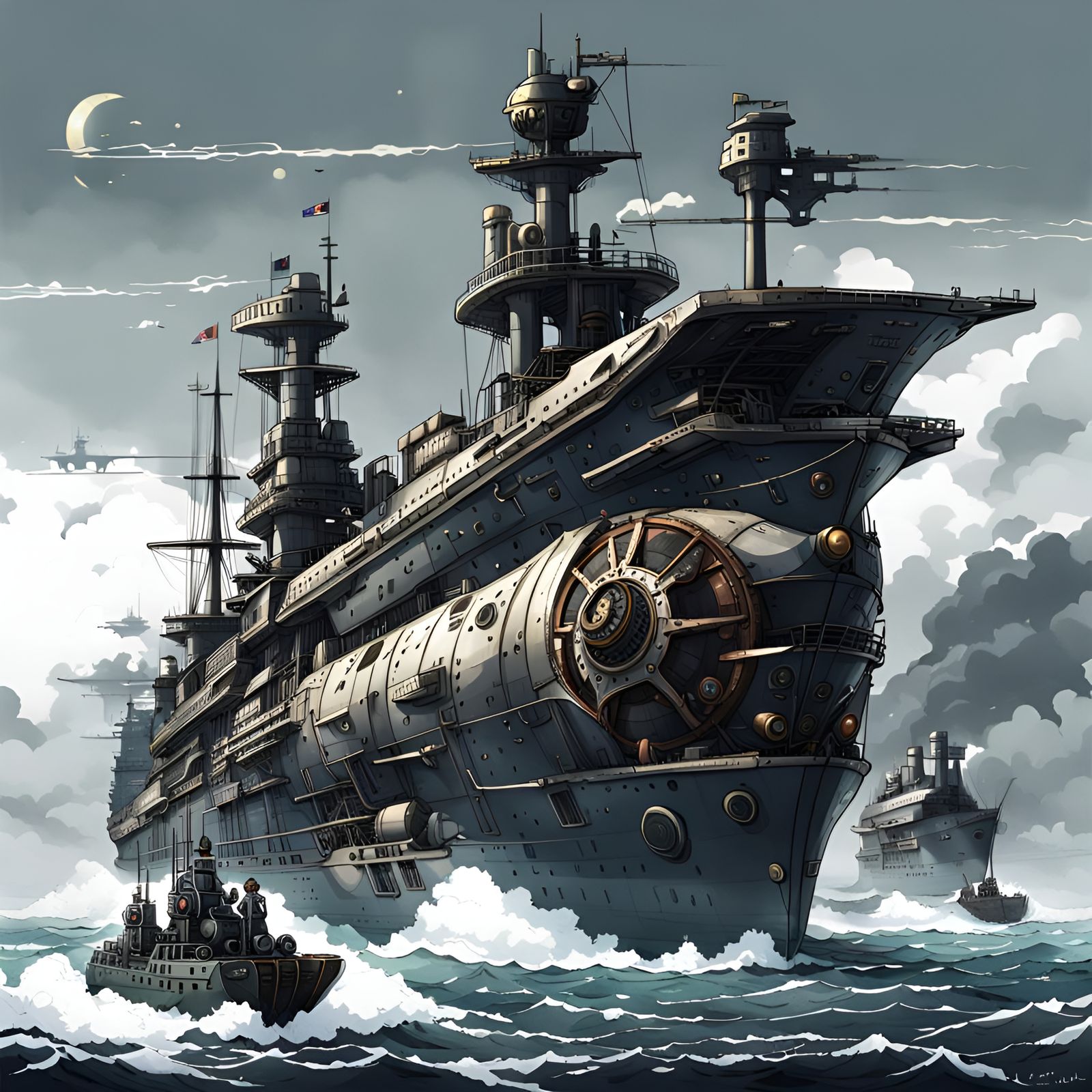 Dystopian Steampunk Warship Fleet in Anime Style