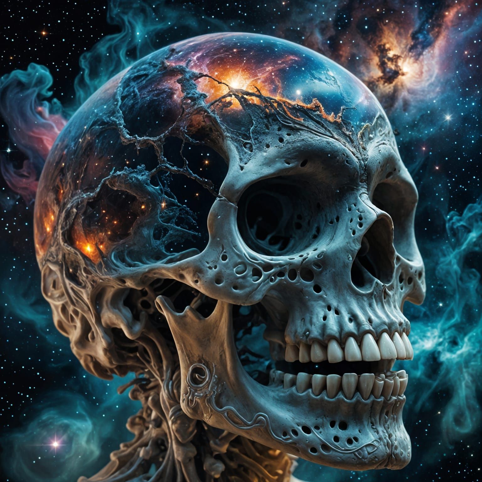 Cosmic Projections on a Human Skull in Surreal Style