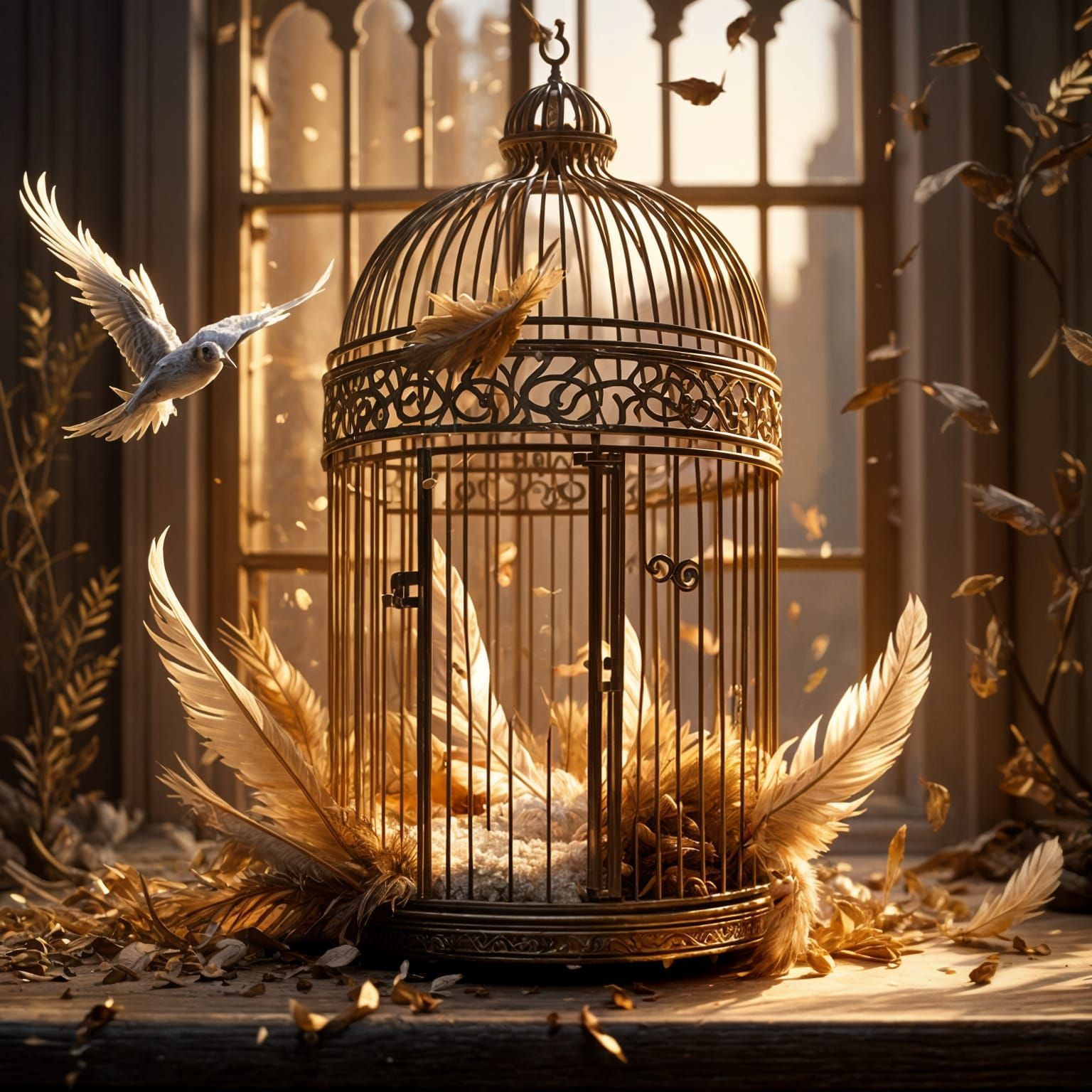 Open Birdcage with Scattered Feathers