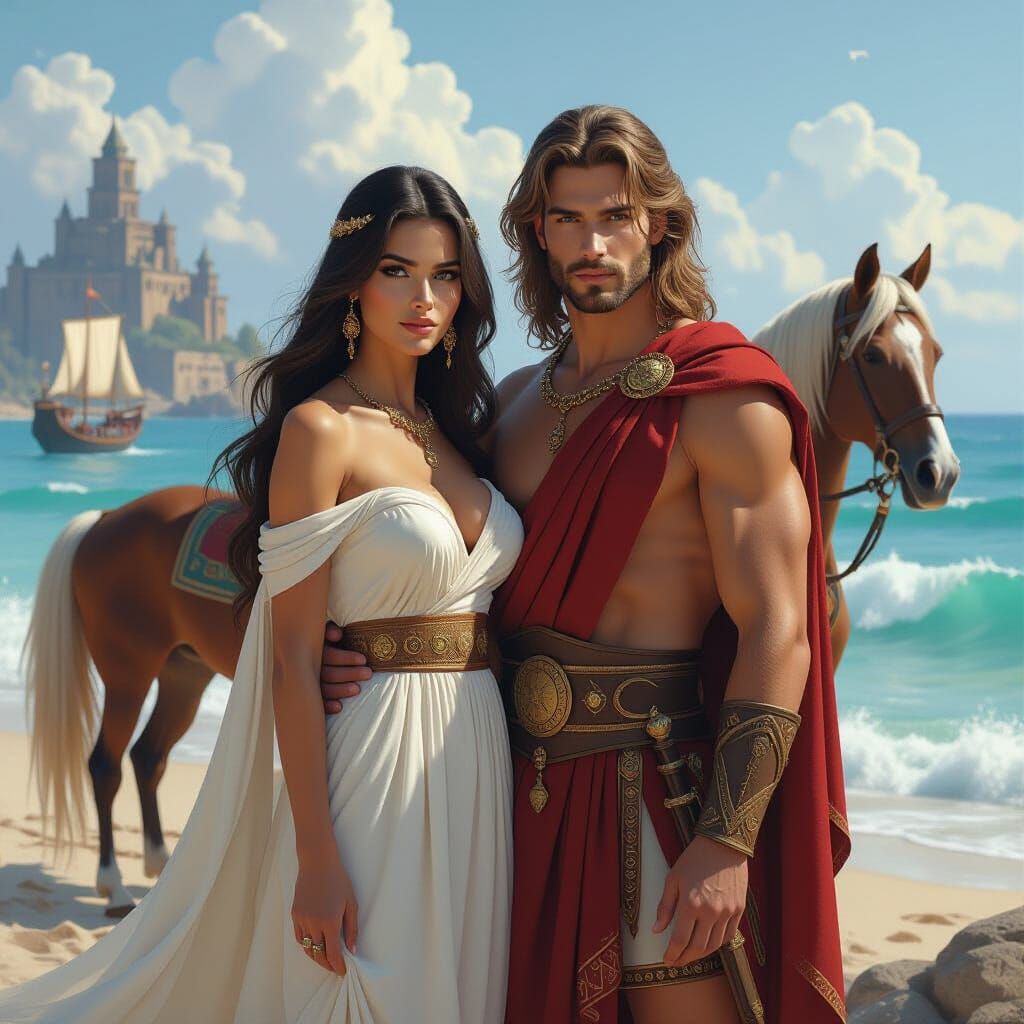 Beautiful Woman and Man with Horses, Ancient Temples, and Sh...