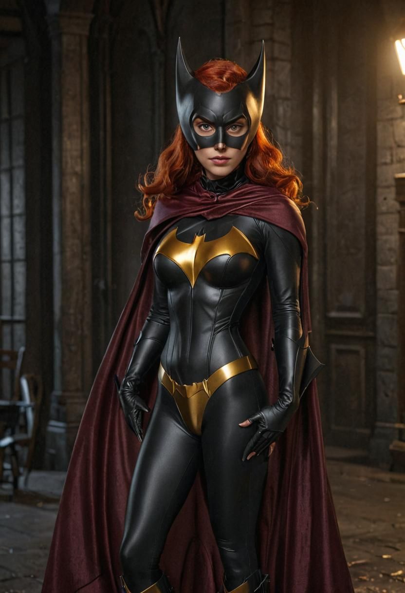 22 year old woman dressed as Batgirl, thick lustrous red hair spilling out from black bat-eared cowl, black cape draped ...