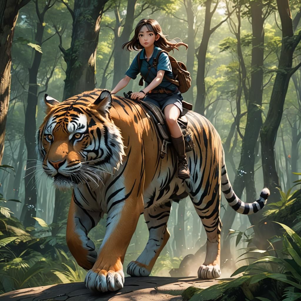 Girl Rides Tiger in Forest: 3D Anime Art