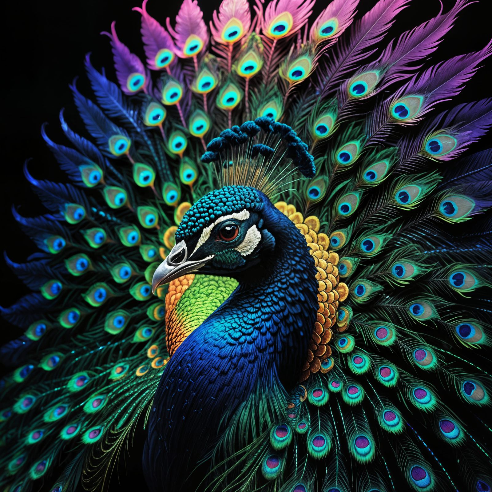 Surreal Artwork of a Glowing Peacock in Uv Light