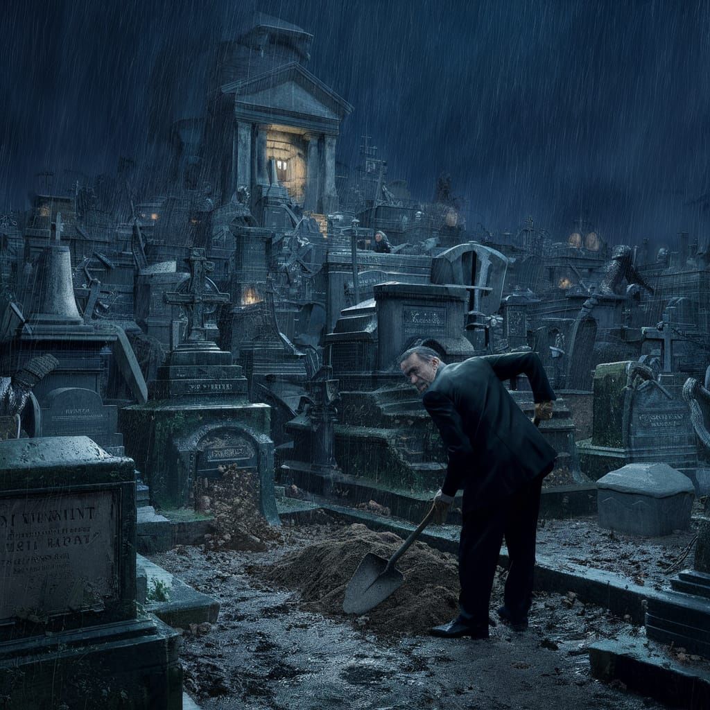 Eerie Graveyard Scene at Night in the Rain