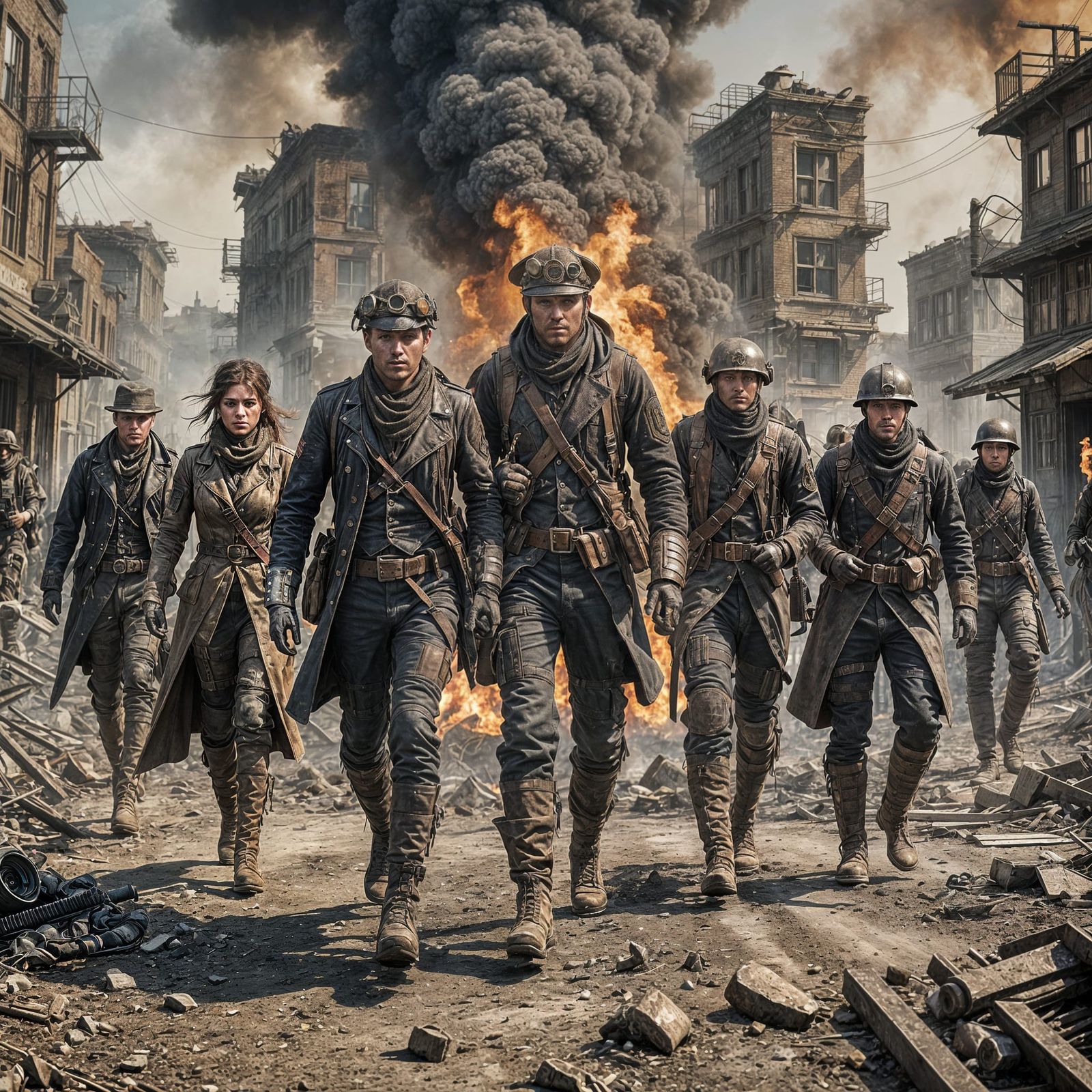 Steampunk Soldiers in Burning Post-Apocalyptic Town