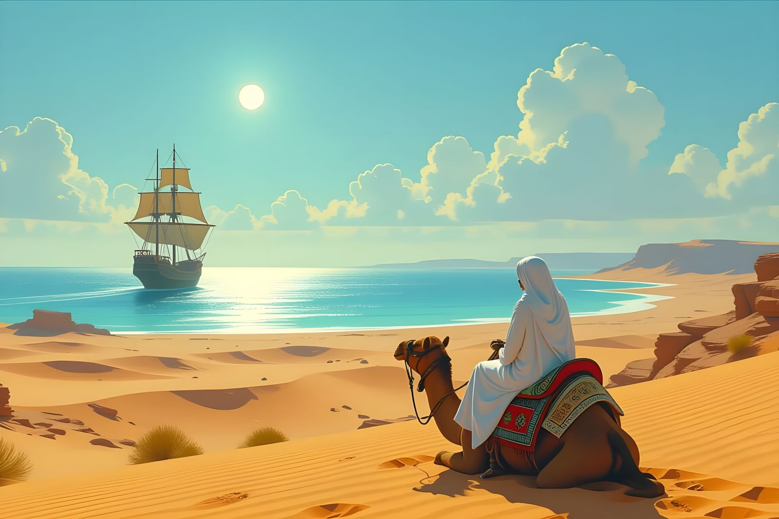 Desert Mirage with Camel and Sailing Ship