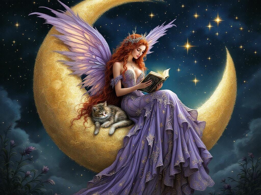 Fairy Reading on the Moon with Sleeping Cat