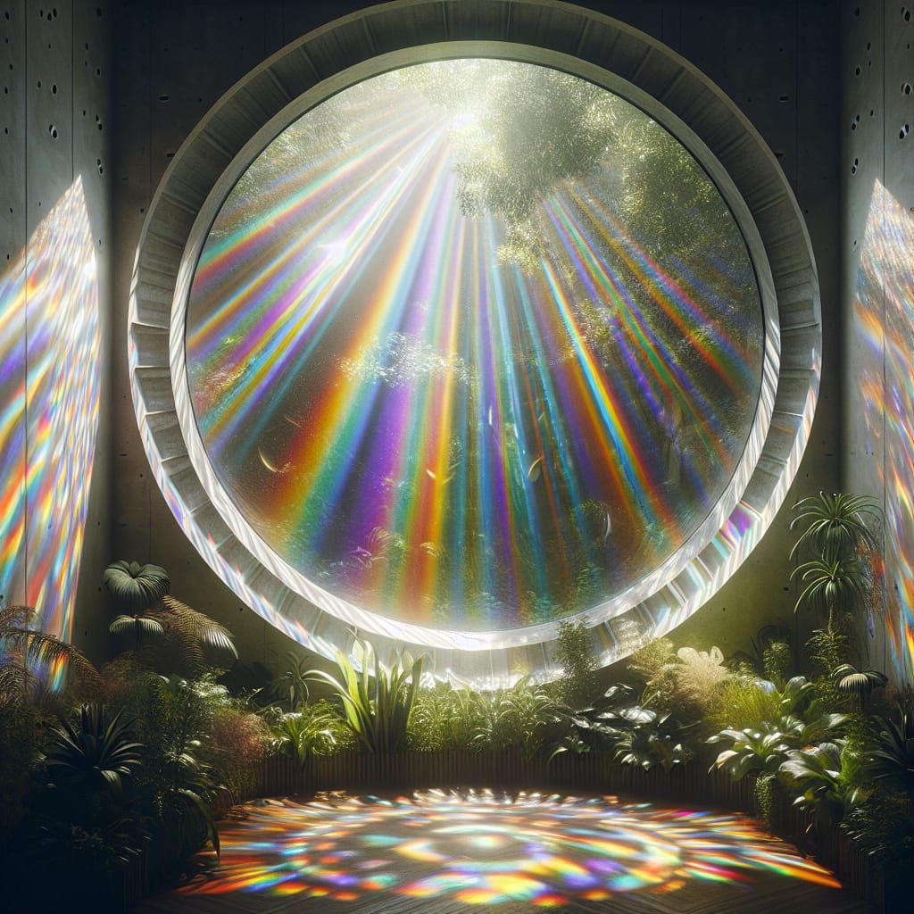 Prism Refracting Light into Rainbows in Lush Room