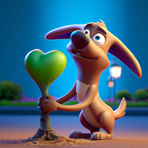 Happy Dog and Tree Planting: Pixar-Style 3D Render