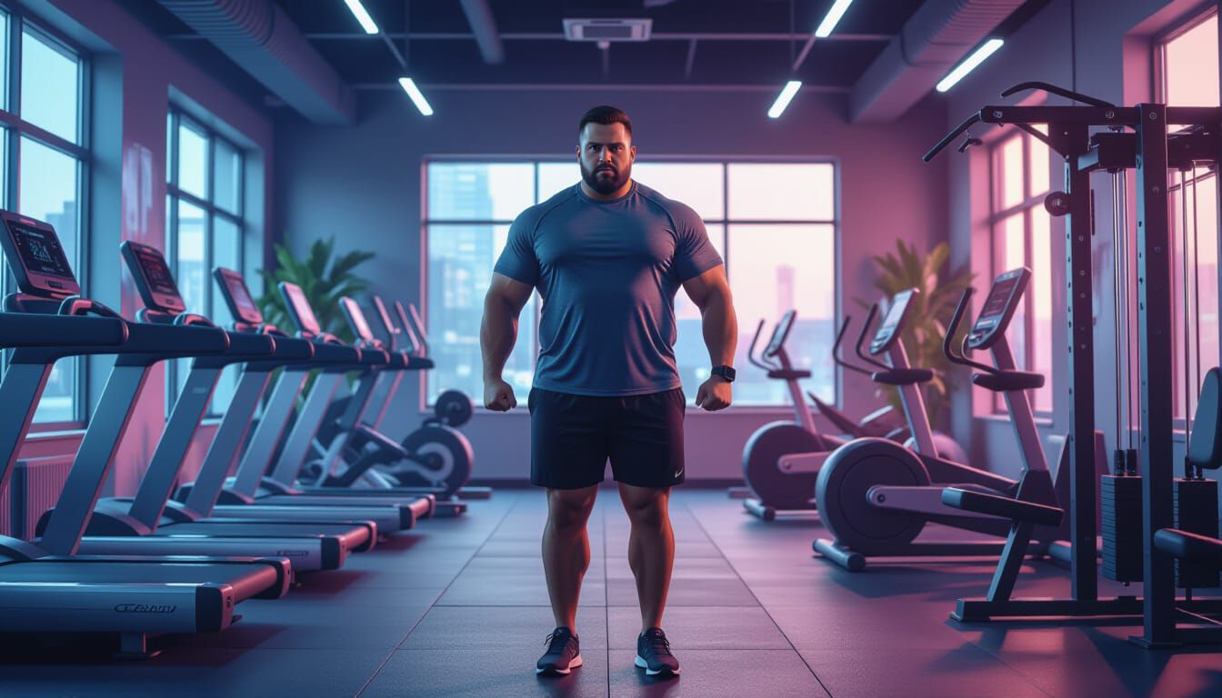 Determined Man Prepares for Gym Workout in Vibrant Lighting