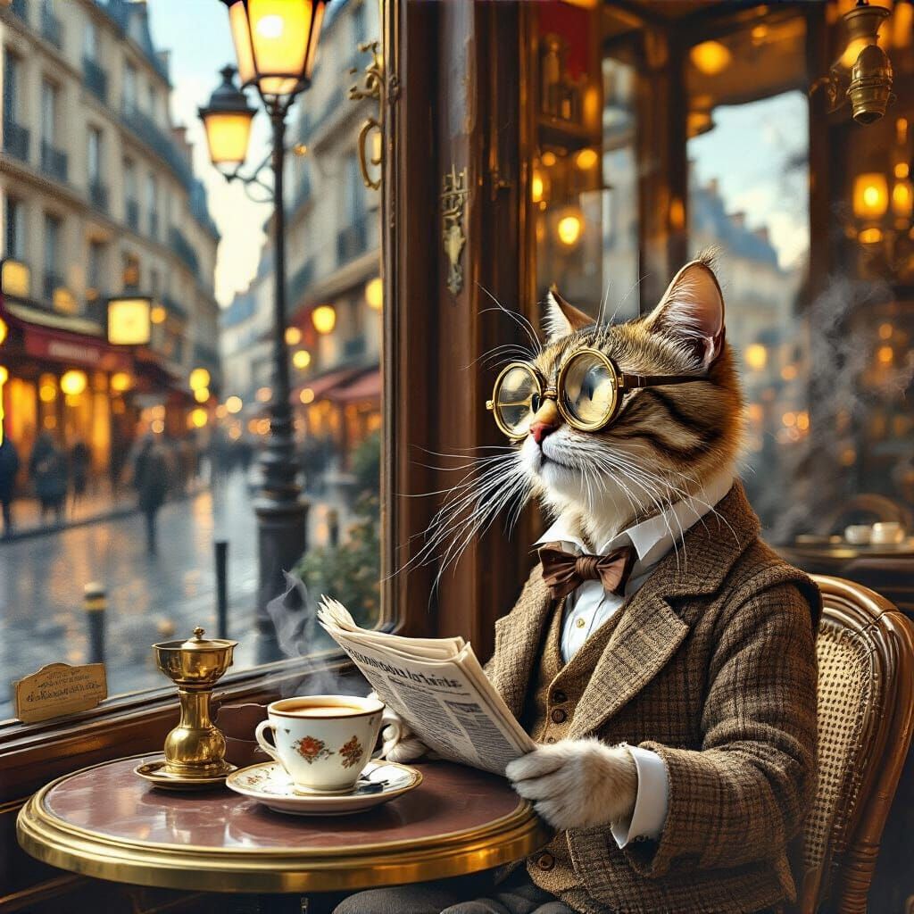 Anthropomorphic Cat Sipping Espresso in Parisian Cafe