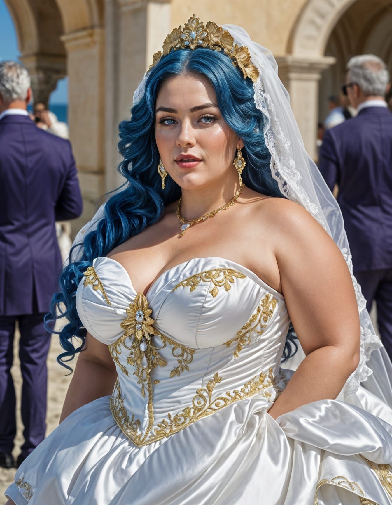 Woman in Wedding Gown on French Riviera, Hockney Style