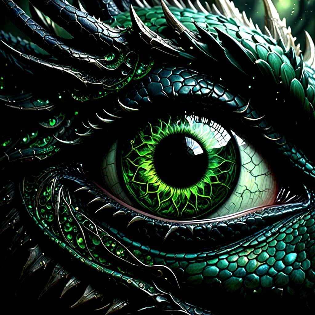Close-Up of a Fantastical Black Dragon's Green Eye