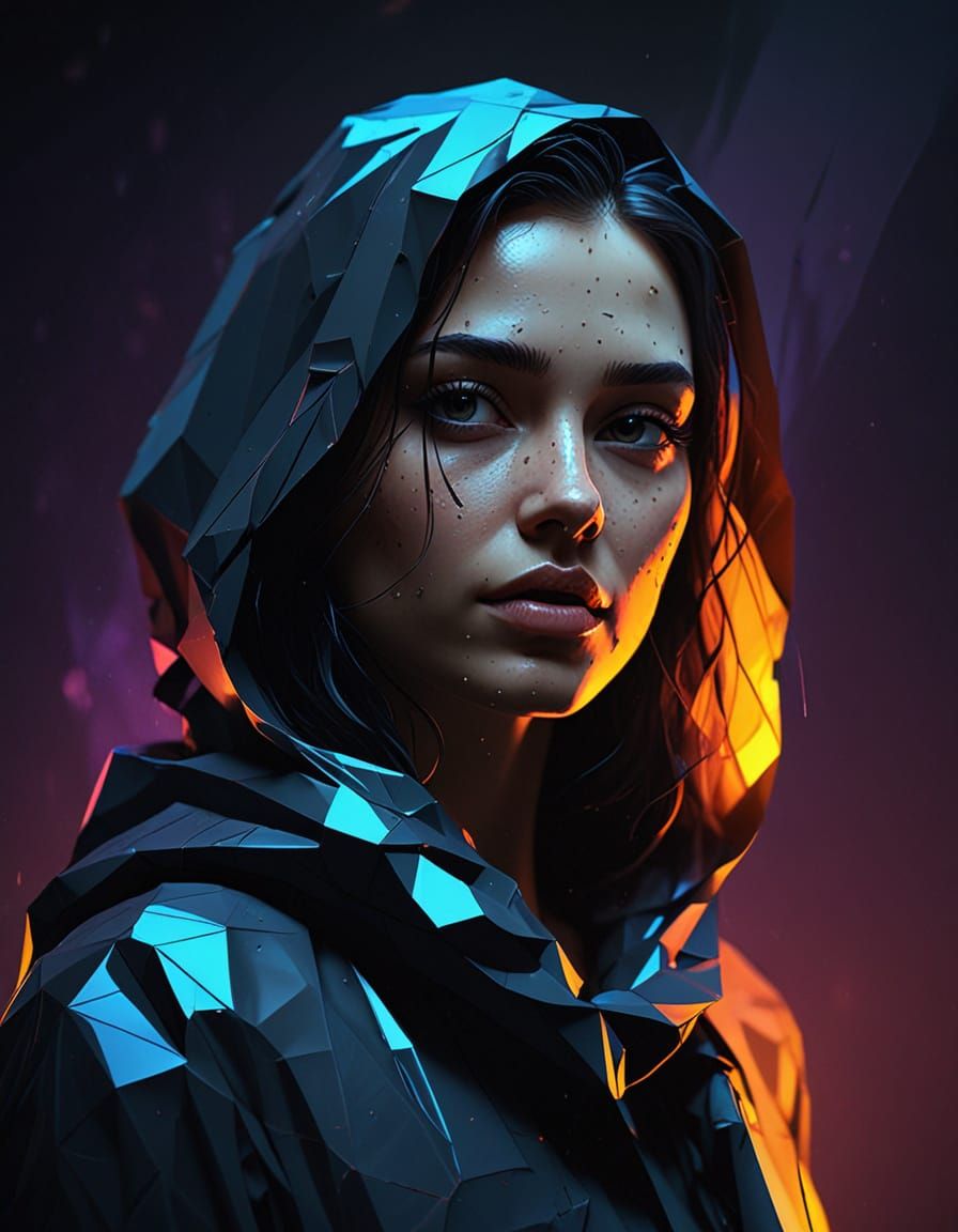 Elegant Darkness: A Futuristic Portrait in Low Poly