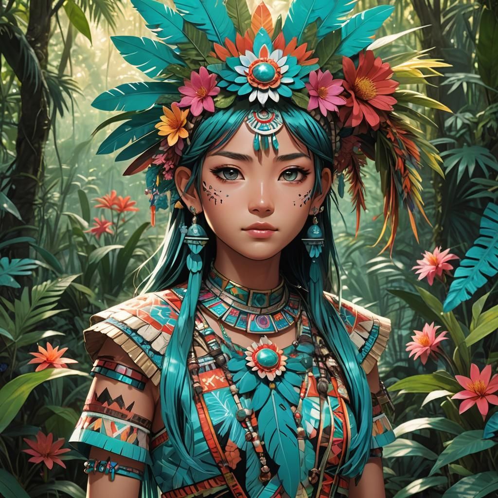 Anime Girl in Aztec Dress, Digital Art
