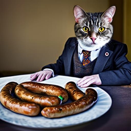 Business Cat helps himself to your sausages III