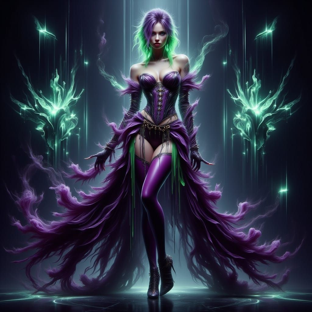 Cyberpunk Vampire Model Struts Futuristic Catwalk in Deep Vi...