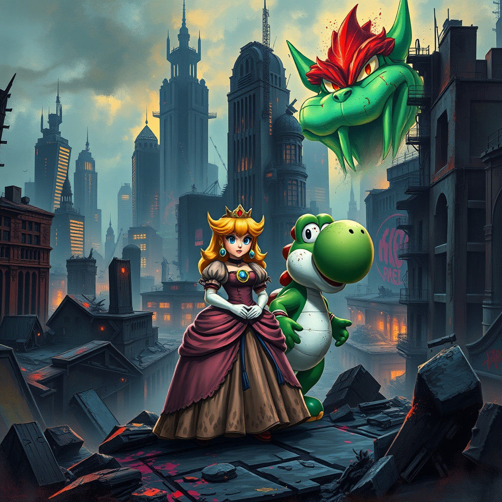 Princess Peach and Yoshi in Dark Fantasy Apocalypse