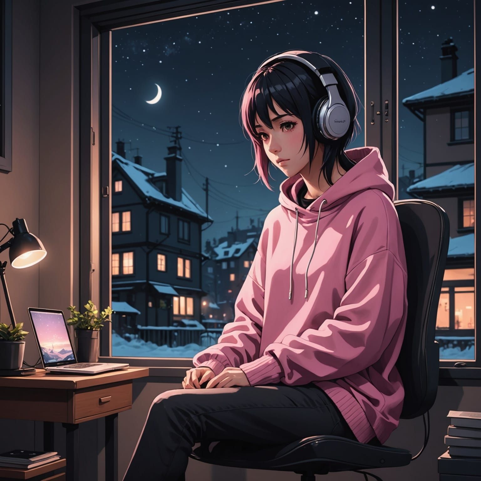 Ethereal Emo Girl Enjoys Winter Night in Anime Style