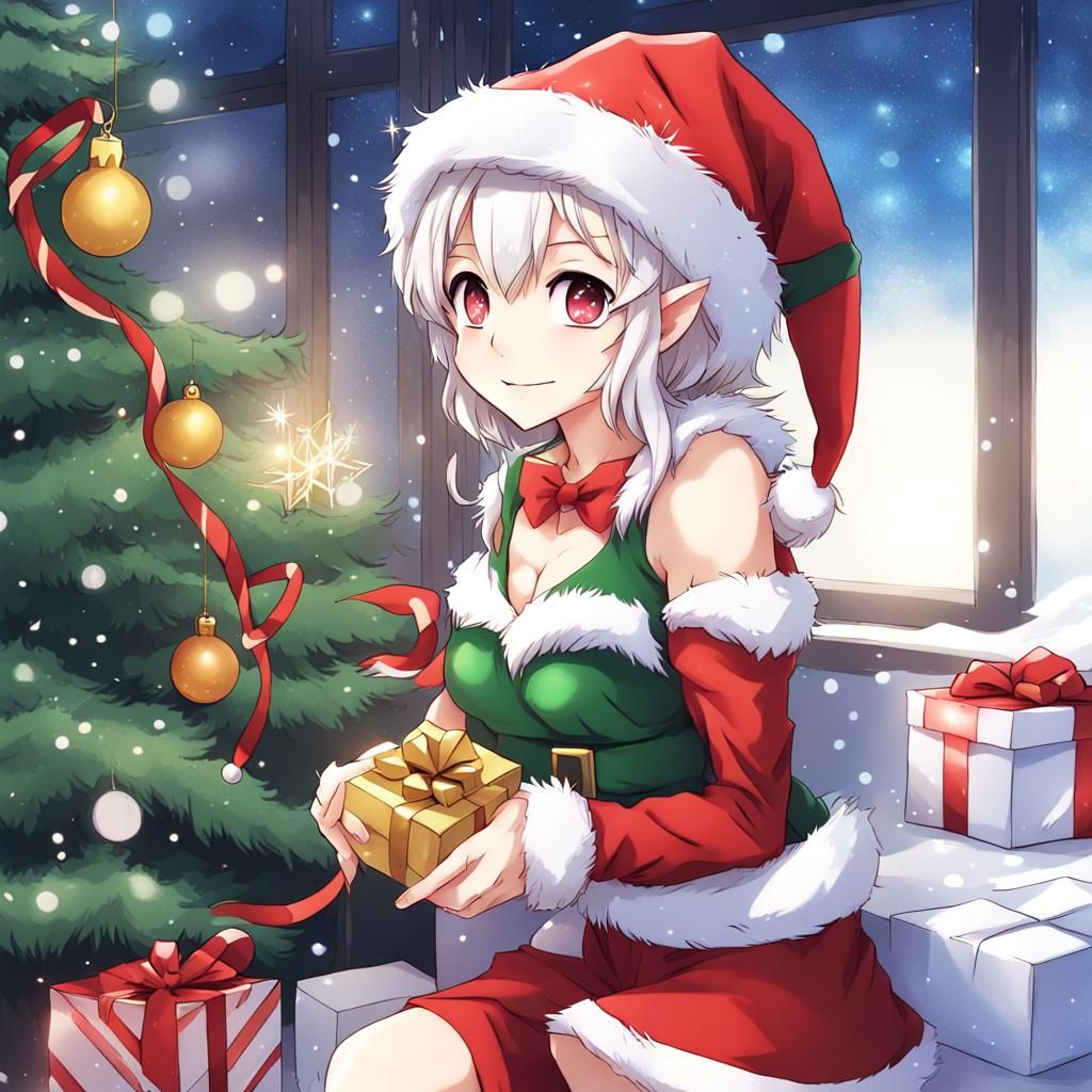 Cute Christmas Elf in Anime Style