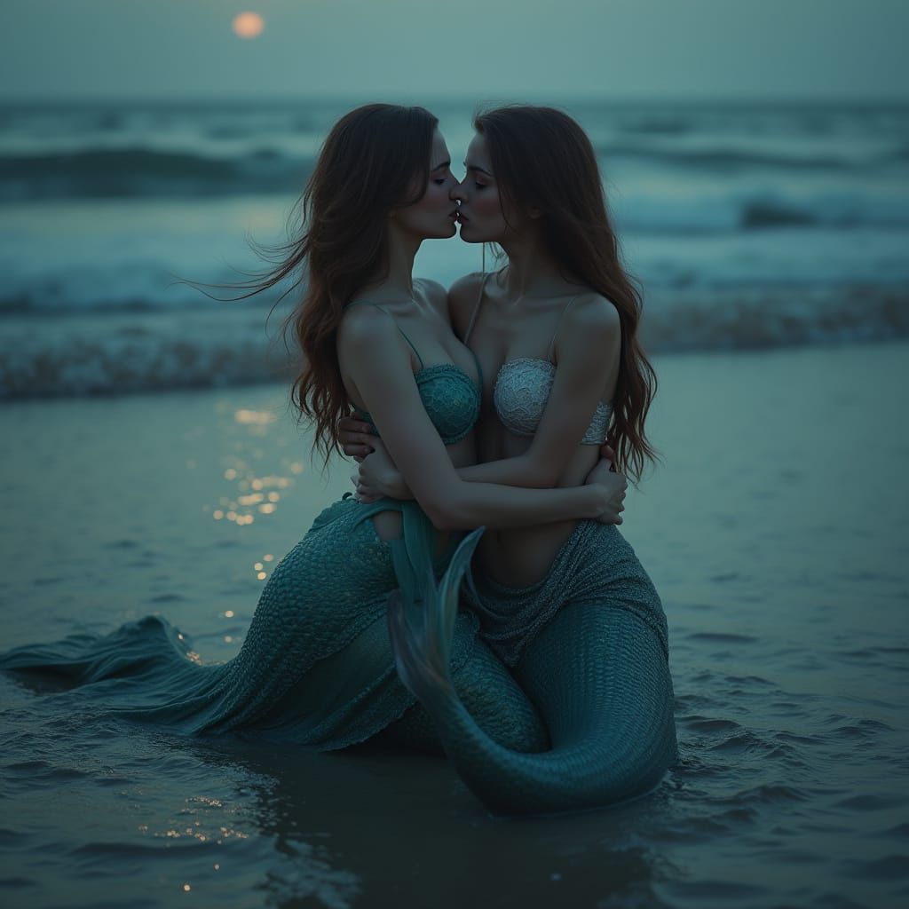 Moonlit Mermaid Kiss: Photorealistic Beach Scene