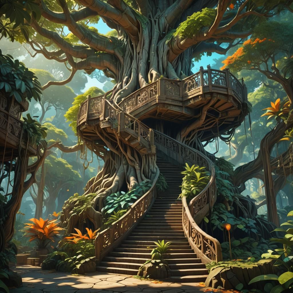 Banyan Tree Staircase in Miyazaki Art Style