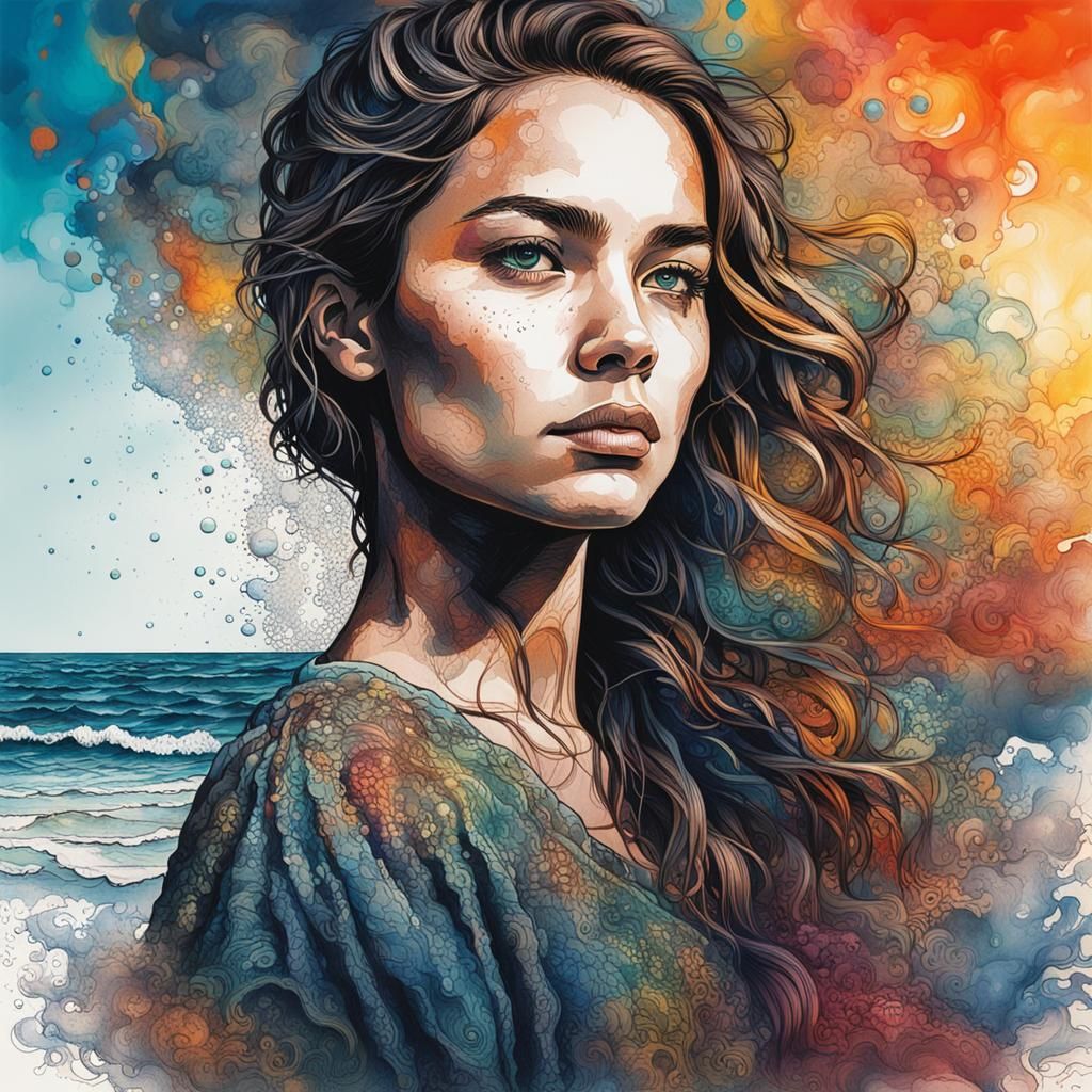 Hyperrealistic Ink Portrait of Woman by Ocean