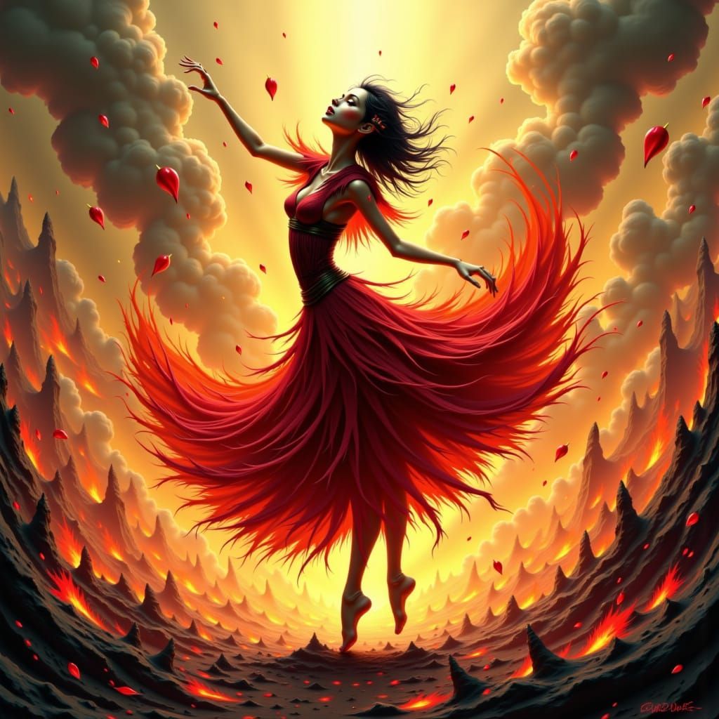 Fiery Sprite Mid-Pirouette in Charred Landscape