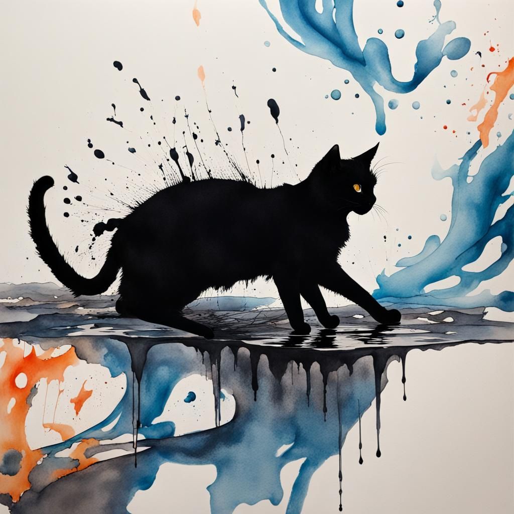 Black Cat Emerges from Ink Spill: Abstract Art