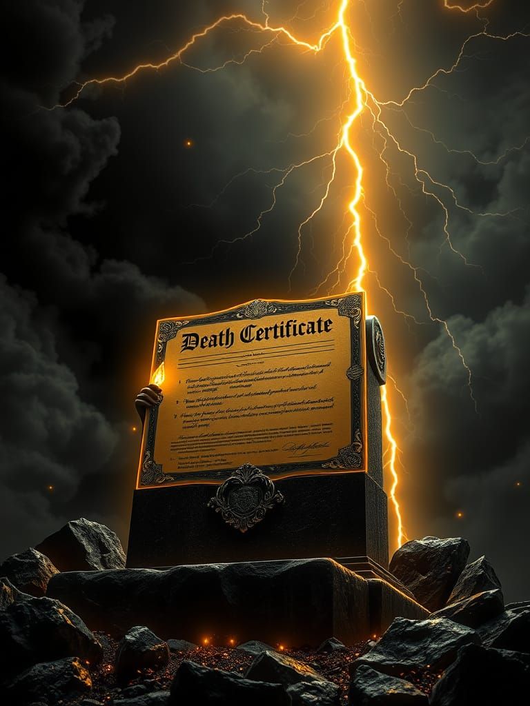 Neon Death Certificate on Tombstone in Hyperrealistic Style