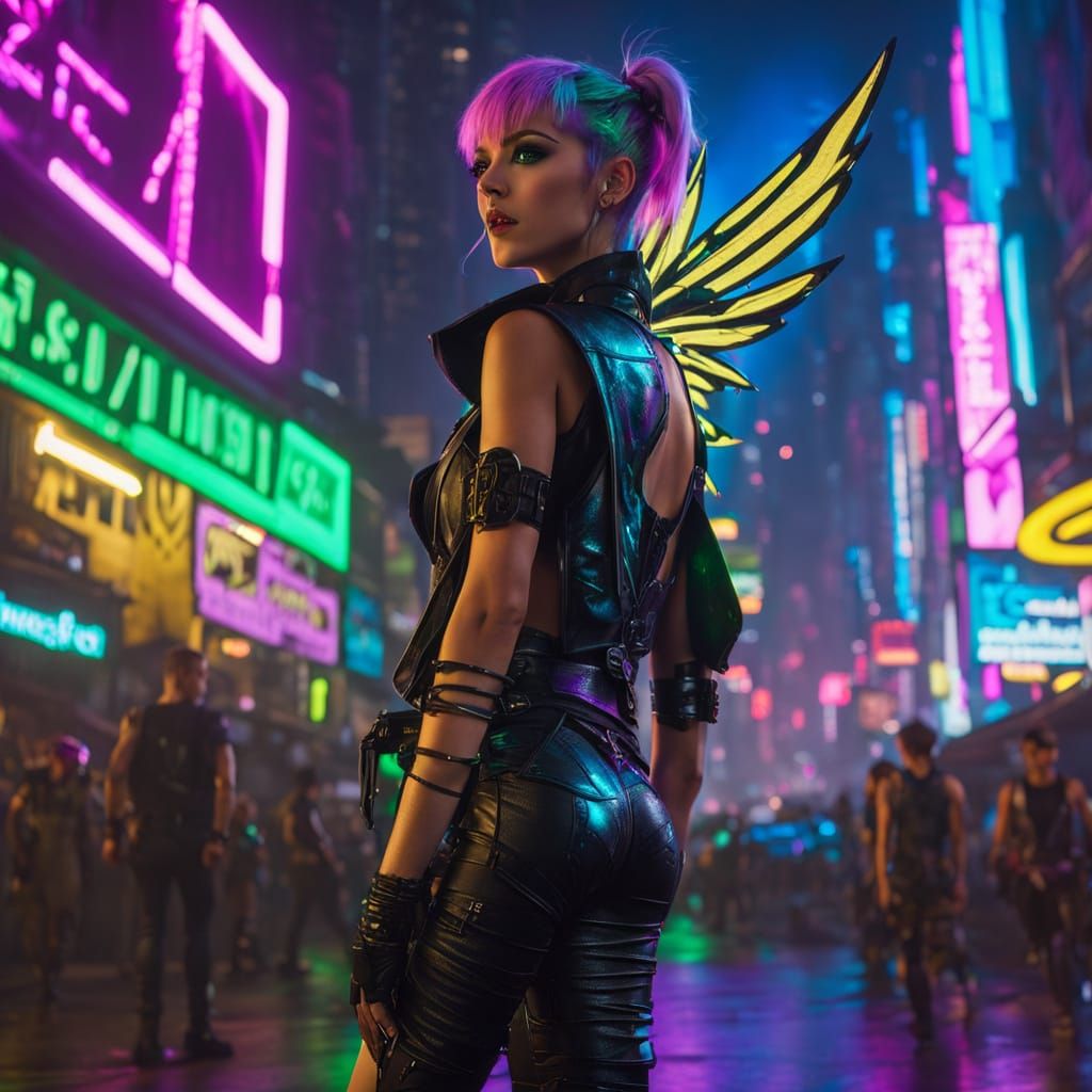Cyberpunk Tinkerbell in Neon-Gold Wings, Cyberpunk Emerald C...