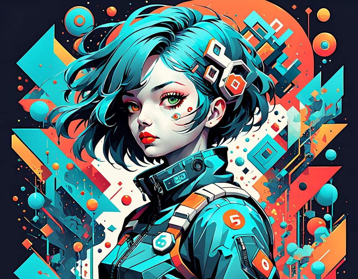 Cyberpunk Number Six in Vibrant Geometric Style