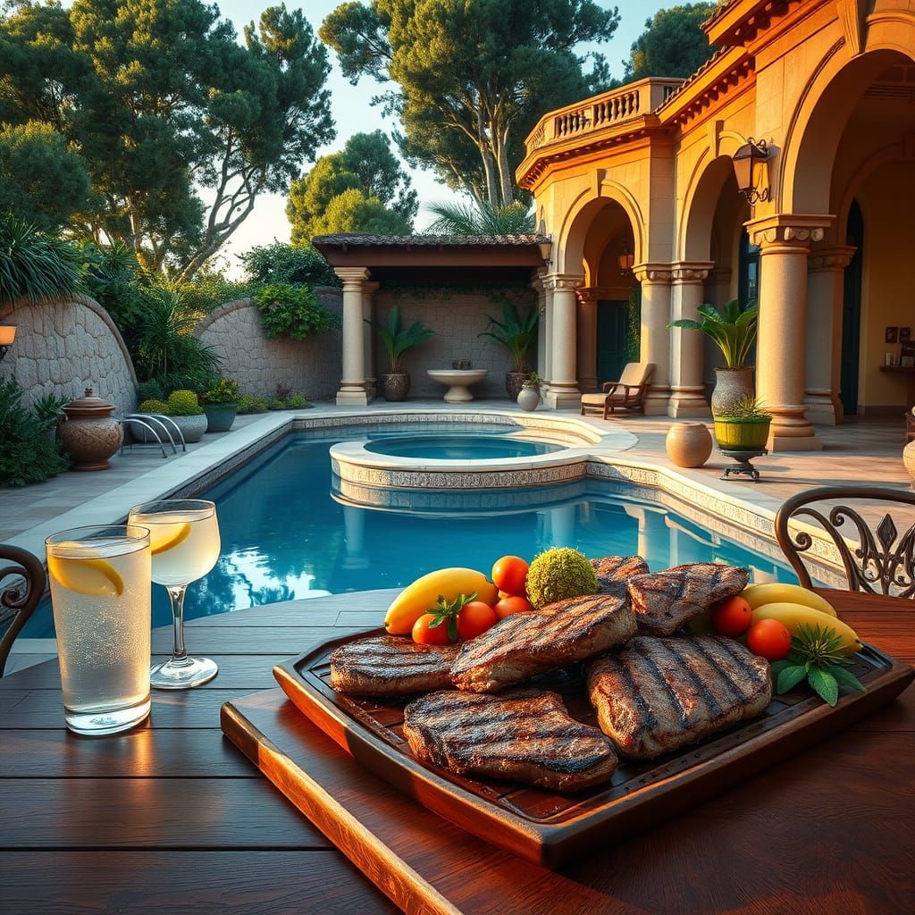Surreal Summer Patio Scene with Elegant Mediterranean Decor