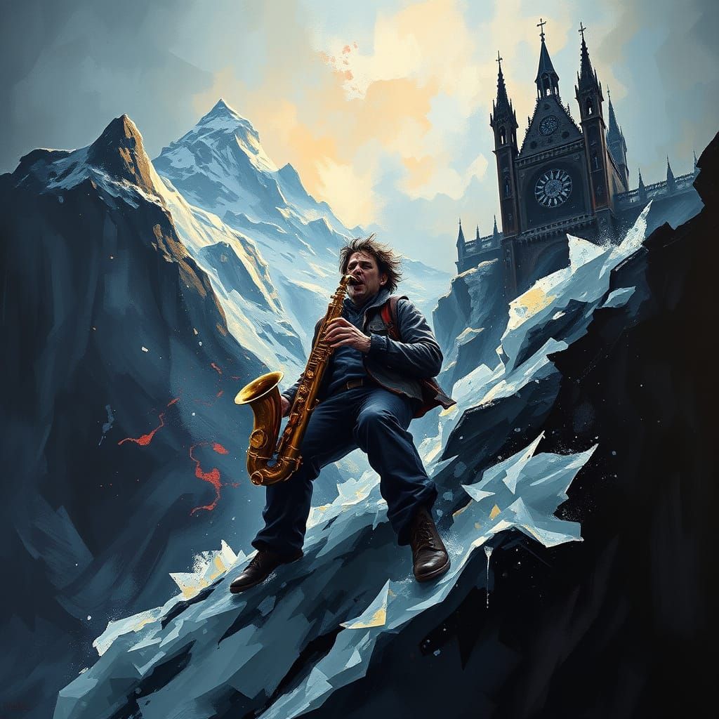 Frenzied Saxophonist in Baroque Ice Landscape